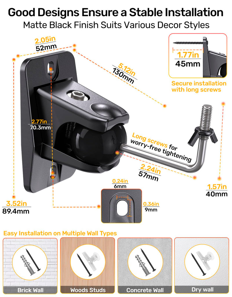 Surround Sound Satellite Speaker Ceiling Wall Mount, Swivel & Tilt, 2-Pack | Max 11 lbs Load, Fits M4/M5, 1/4-20 Mounting, 360° Rotatable Ball Joint, for Samsung Q990D Q990F, Roku and More Rear Speakers