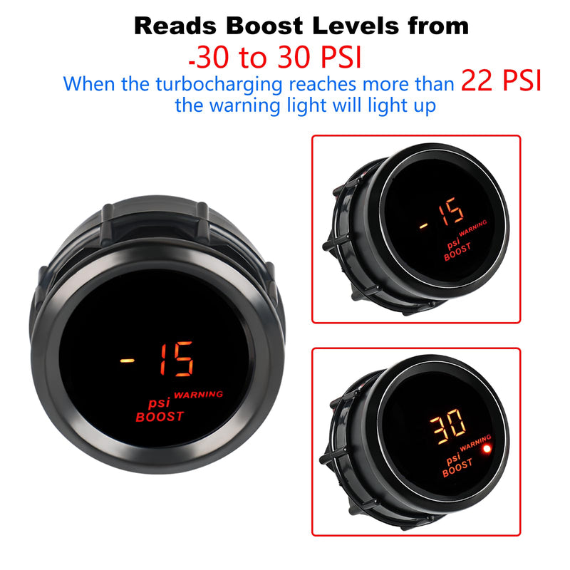 WATERWICH 2" 52mm Turbo Boost Gauge 30PSI DC12V Meter Kit Red with Boost Sensor for Car Truck Marine Vehicle Automotive