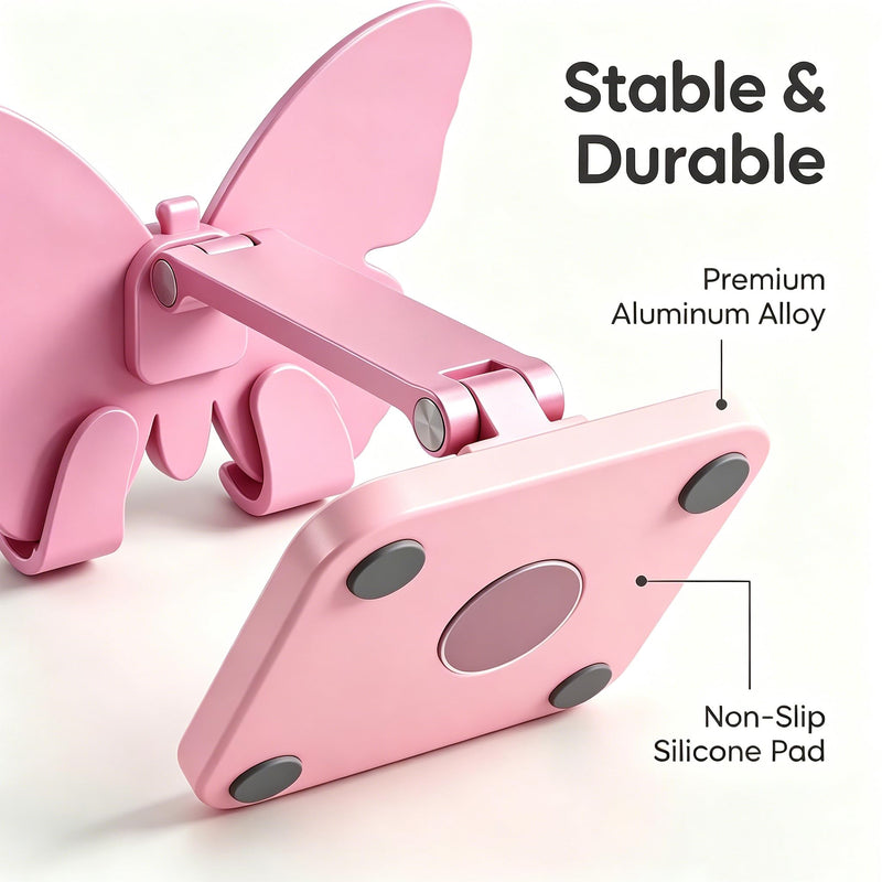 Butterfly Cell Phone Stand for Desk, Aluminum Alloy 360° Rotating Phone Holder, Height & Angle Adjustable Foldable Desktop Dock, Universal Anti-Slip for Smartphones Tablets Home Office Travel Pink