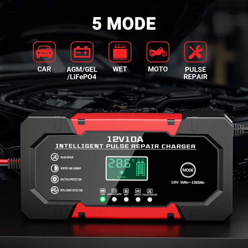 Battery Charger 10A 12V Fully Automatic Smart Car Battery Charger with LCD Display & Temperature Compensation for Car Motorcycle Vans Red 10A