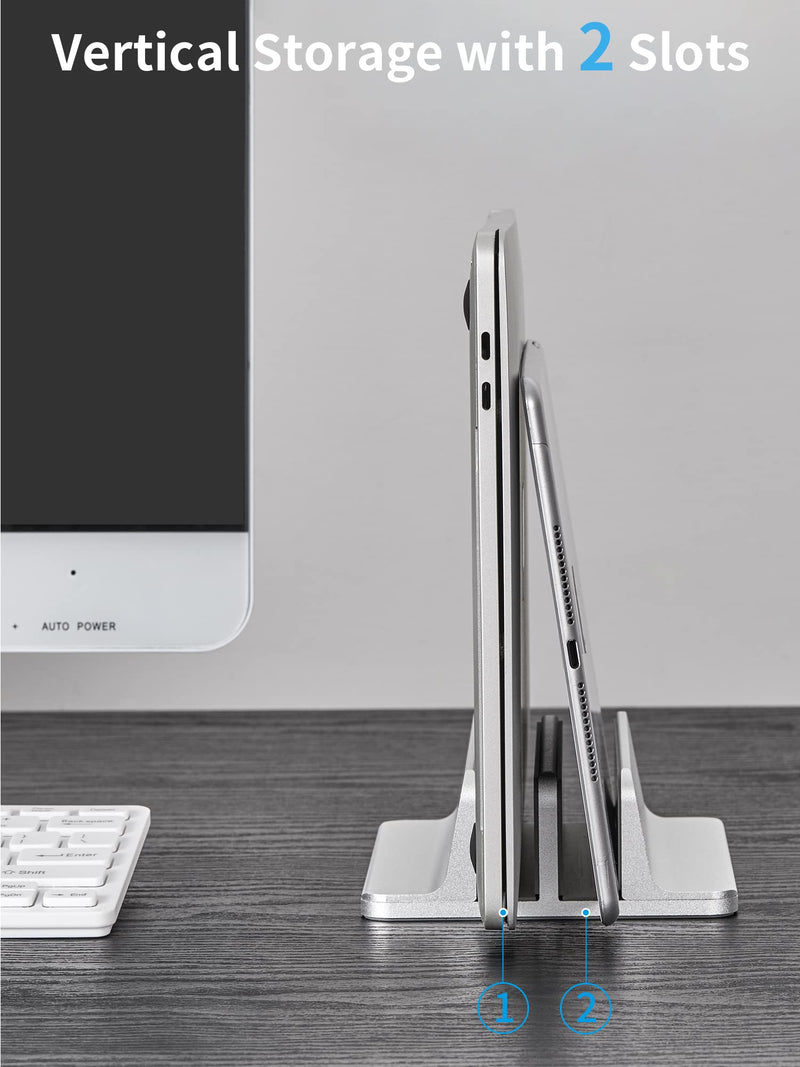 JARLINK Vertical Laptop Stand Holder, Aluminum Double Desktop Stand Holder with Adjustable Dock (Up to 17.3 inch), Compatible with MacBook, Surface, Chromebook, and Gaming Laptops, Silver 2-slot