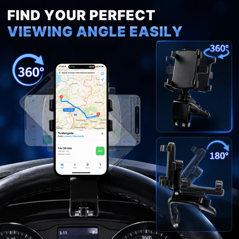 Car Phone Holder, Dashboard Clip Mount, 360° Rotation for 4–7" Phones | Dashboard Clip Mount, 360 Degree Rotation, Sun Visor & Rearview Mirror Use, Strong Spring Clamp, No Suction Residue Black
