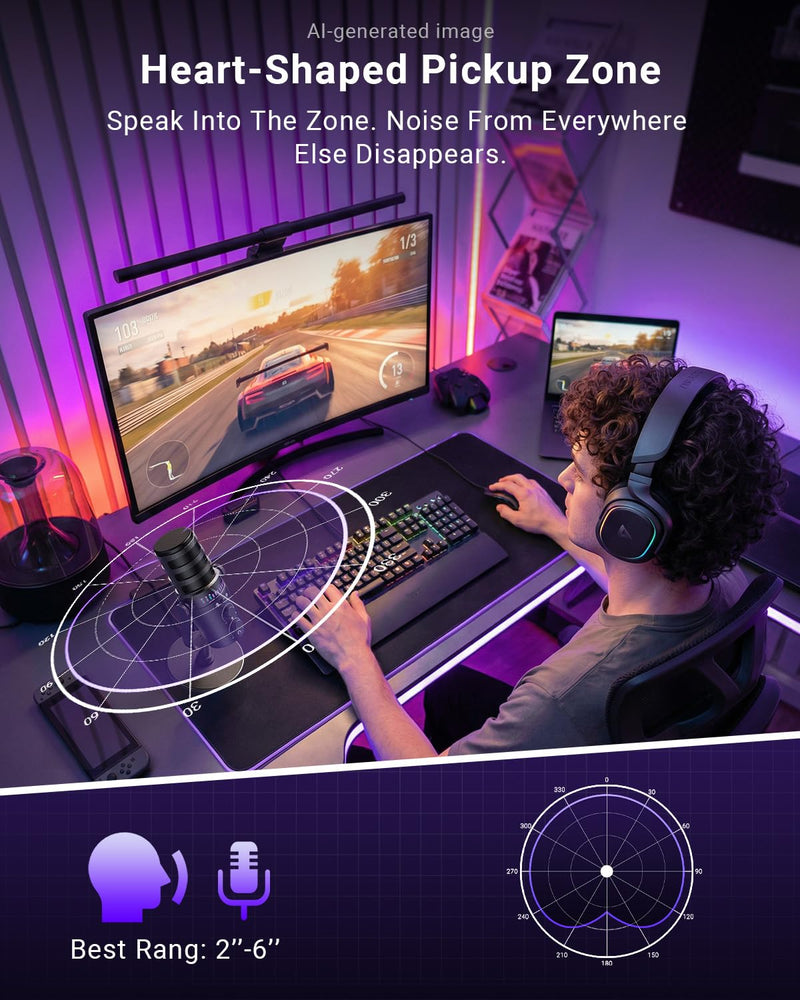 Streaming Microphone for Discord, RGB Mic for PC | Supercardioid pickup, noise cancellation, one-tap mute, gain control, 3.5mm jack, podcast, smartphone compatible