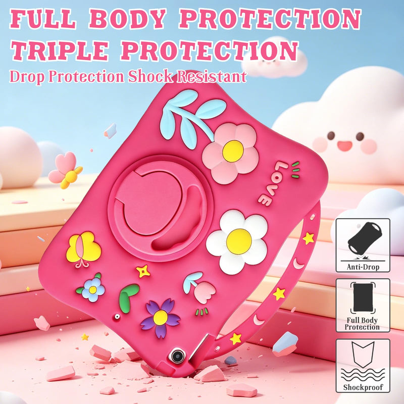 SAMONPOW for iPad 9th/8th/7th Generation Kids Case 10.2 Inch 2021/2020/2019 | Girly Flower Silicone Cover 9th/8th Gen iPad Case 10.2 Inch for Girls with 360°Rotating Stand Handle Pencil Holder, Hot Pink for iPad 9th/ 8th/ 7th Gen Case