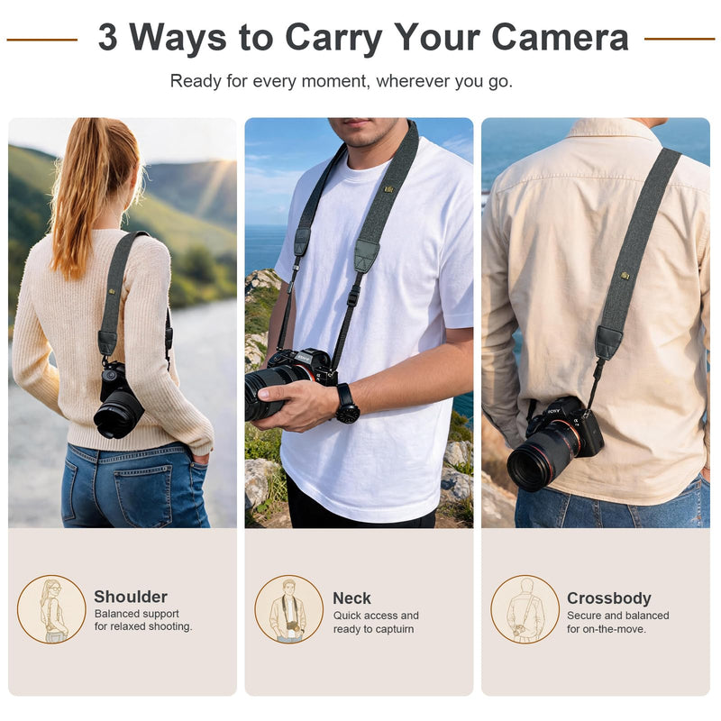 Camera Strap, Adjustable Neck & Shoulder Strap with Quick Release Buckles | Comfortable Cotton-Feel Black Herringbone Strap with 4 Quick Release Buckles, DSLR, Mirrorless Camera & Camcorder Compatible