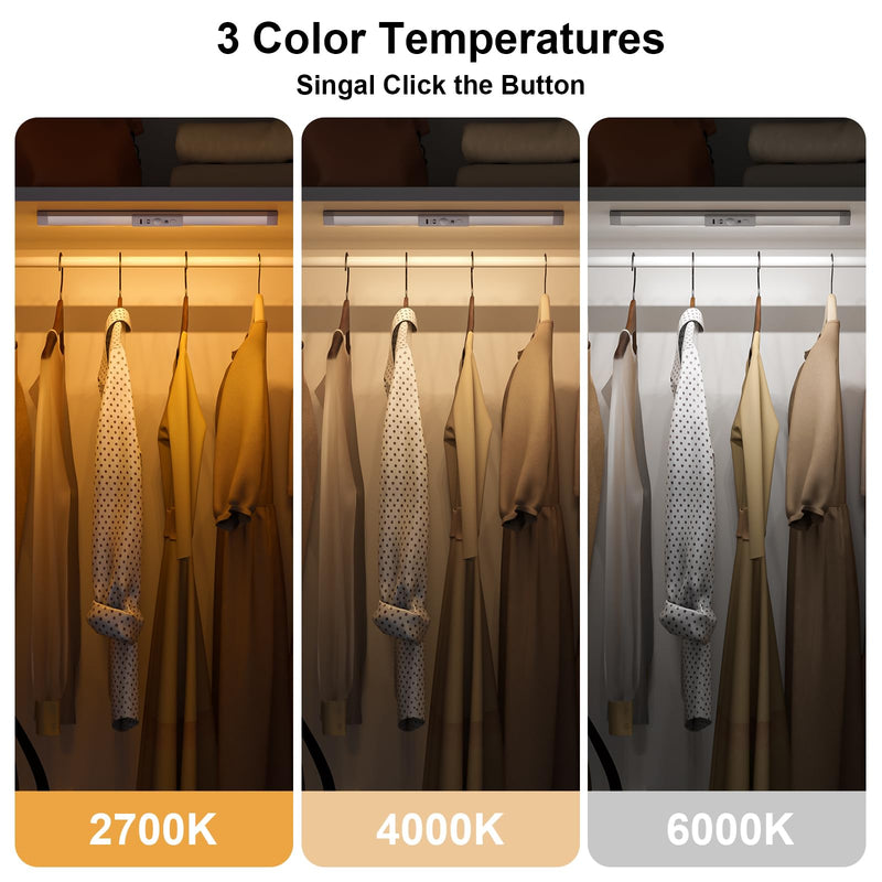 WOBANE Closet Lights Motion Sensored with Eye-Protection,Rechargeable LED Wardrobe Lighting with 3 Color,12 inch Dimmable Wireless Battery Operated Light Indoor for Stair,Pantry,Hallway,900mAh,3PCS 3 Pack
