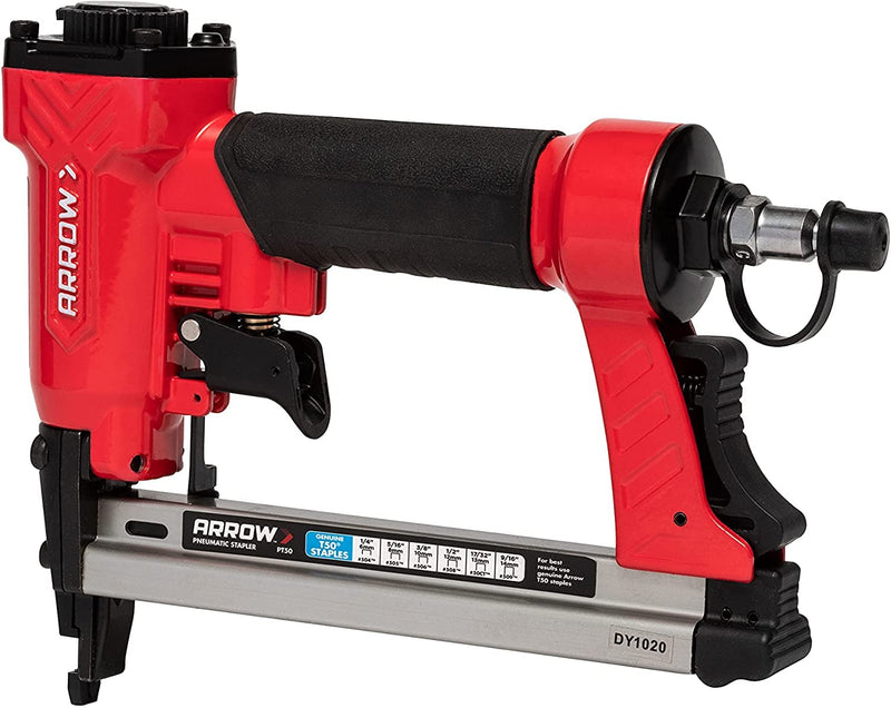 Arrow PT50 Oil-Free Pneumatic Staple Gun, Professional Heavy-Duty Stapler for Wood, Upholstery, Carpet, Wire Fencing, Fits 1/4”, 5/16”, 3/8", 1/2", 9/16” Staples , Red 1 Unit
