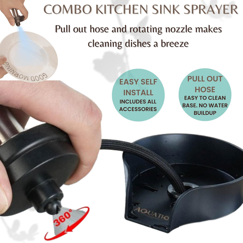 2-in-1 Glass Rinser & Sink Sprayer Attachment – High Pressure Cup Washer for Kitchen Sink – Matte Black Bottle Cleaner -Stainless Steel Cup Cleaner (Fits Standard Counter Holes)