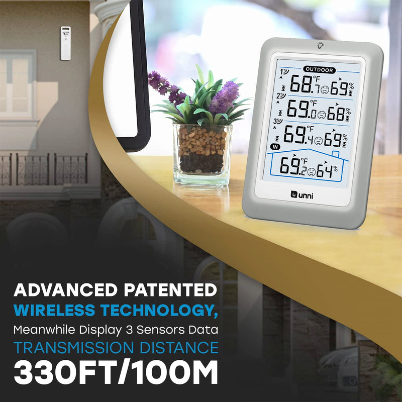 Indoor Outdoor Thermometer Wireless, 4.5 Inch Display Digital Hygrometer Thermometer Temperature Humidity Monitor with 330ft Range Sensor and Adjustable Backlight White