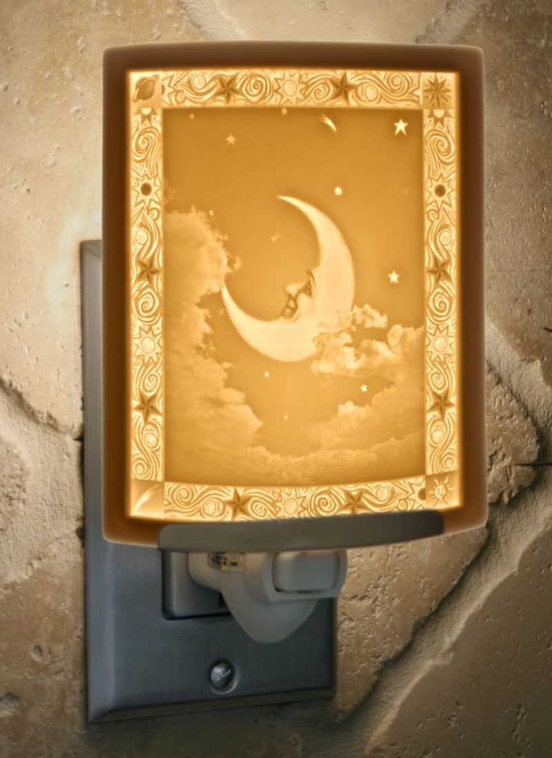 The Porcelain Garden Man in The Moon - Translucent Porcelain Lithophane Night Light, Wall Plug in for Kitchen, Bath, Hall