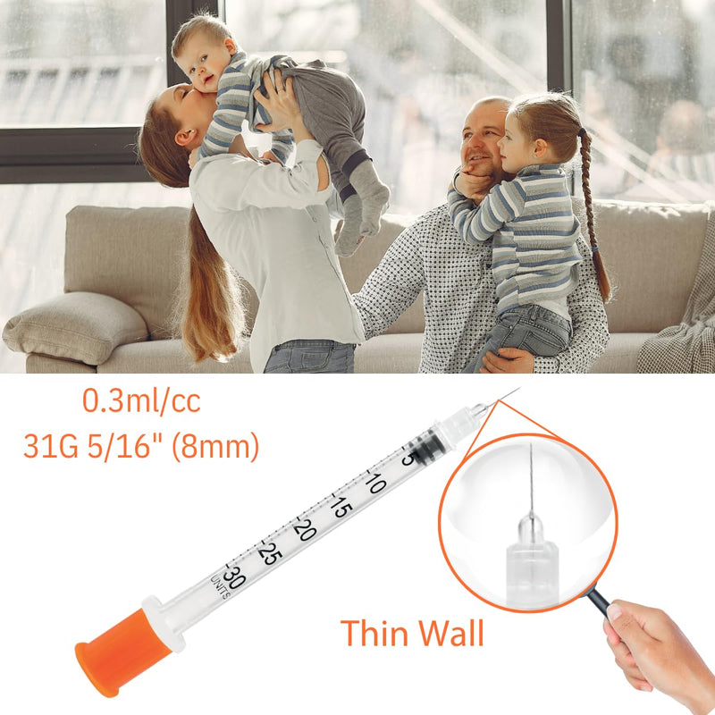 GLUCO-CARE 0.3 ml/cc Syringes 31G x 5/16’’ (8mm), Orange Cap, Box of 100 pcs 0.3ml 31G 5/16"