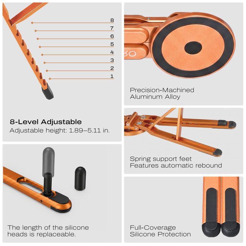 3-in-1 Magnetic Foldable Laptop Stand and Phone Stand for Desk Aluminum Alloy Adjustable Holder 10–16” Laptops & 4–13” Phones/Tablets, Magnetic Compatible with iPhone Android, Orange