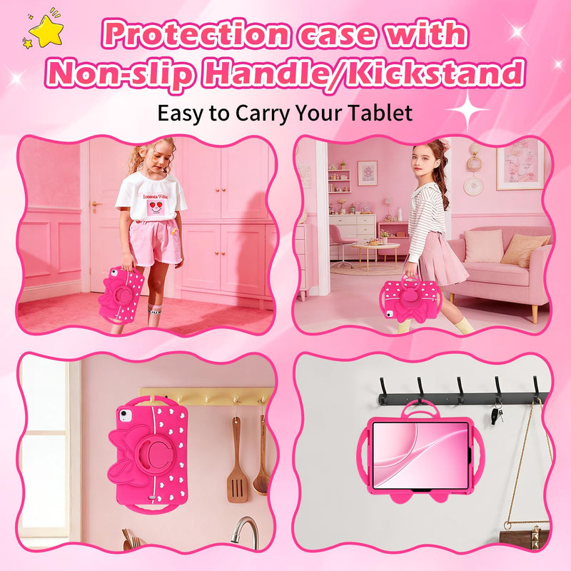 JAKPAK Kids Case for iPad Air 11-inch M4 M3 M2/Air 5th 4th Gen/Pro 11” | 360° Rotating Kickstand, Double Handle, Soft Silicone Shockproof Tablet Case, Cute Bow Heart iPad 11 Cover, Kids Friendly Hot Pink for iPad Air 11inch /Air 5th 4th