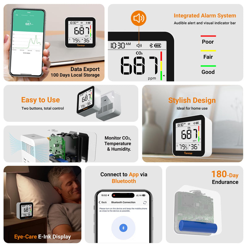 Temtop CO2 Monitor Indoor Air Quality Monitor 3 in 1 CO2 Meter(Temperature, Humidity and CO2), 180 Days Standby Time Basic: CO2/Temp/Humidity