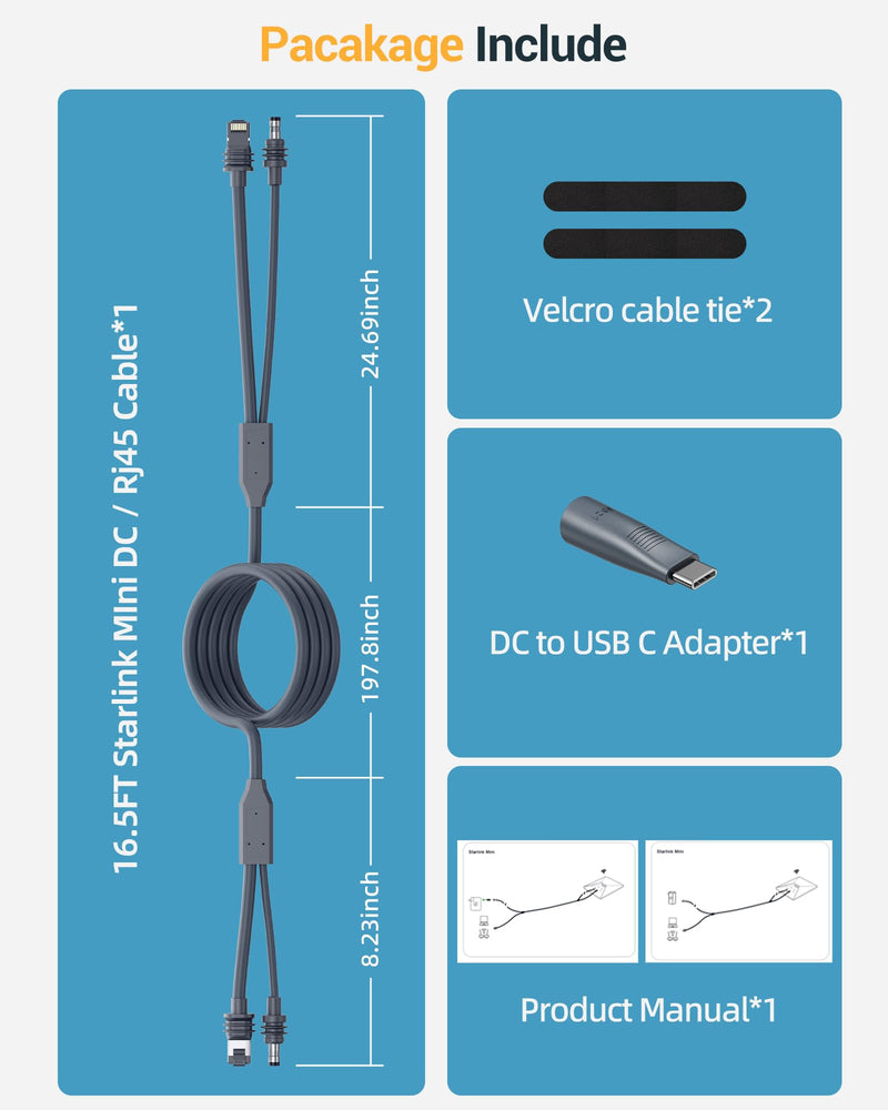 2 in 1 for Starlink Mini Ethernet Cable, for Starlink Mini Power Cord & RJ45 Cables, DC to USB C Replacement Adapter for Power Supply, Waterproof Mini Cable with Data Transfer-16.5 FT/5 M 16.5FT 230 Inches