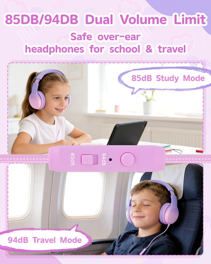 USB C Over Ear Kids Headphones with HD Mic, Safe Volume Limited Wired Headphones for School, Travel, Stereo Sound, Foldable Headphones for iPad, Laptop, PC, Purple-Pink