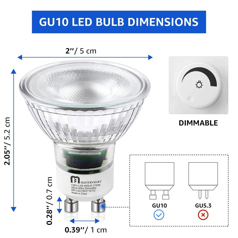MASTERY MART Dimmable GU10 LED Light Bulbs, 5.5W Bright 2700K Soft White 50W Halogen Equivalent, 400lm Energy Saver for Track Lighting Fixture, Kitchen, Basement, Living Room, 25000 Hours, 10 Pack 10 Count (Pack of 1) 2700k Soft White -5.5w