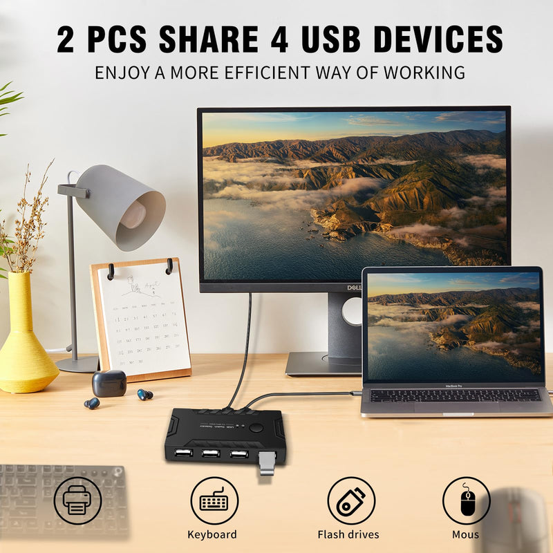 USB 2.0 Switch KVM Switcher 2 Computers Share 4 USB 2.0 Ports Devices for PC Printer Scanner Mouse Keyboard with 2 Pack USB 3.0 Cable and One usb2.0 Power Cable (2.0)