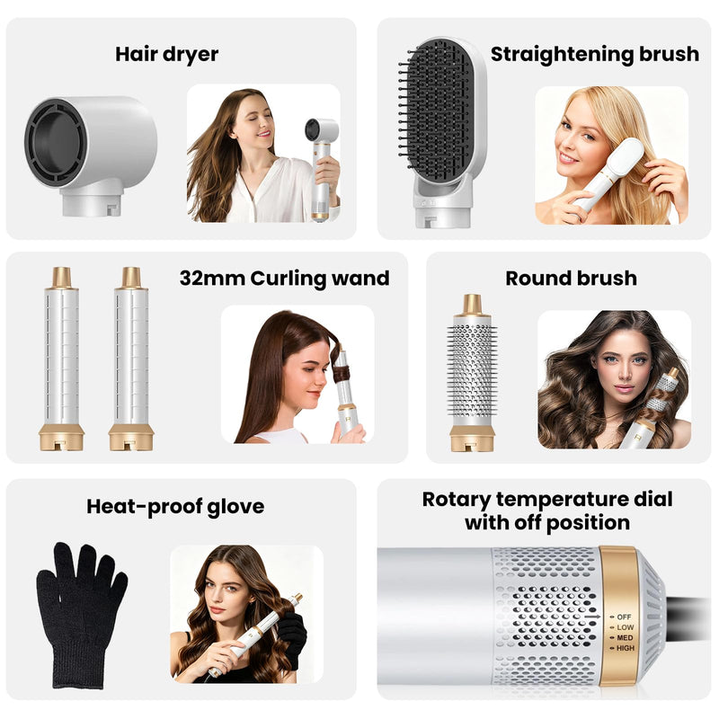 Hair Styler 5-in-1 Set, 1000W Hot Air Brush with Hair Styling Appliances | Air Wrap, Auto-Twist Curlers & Straightening Brush White