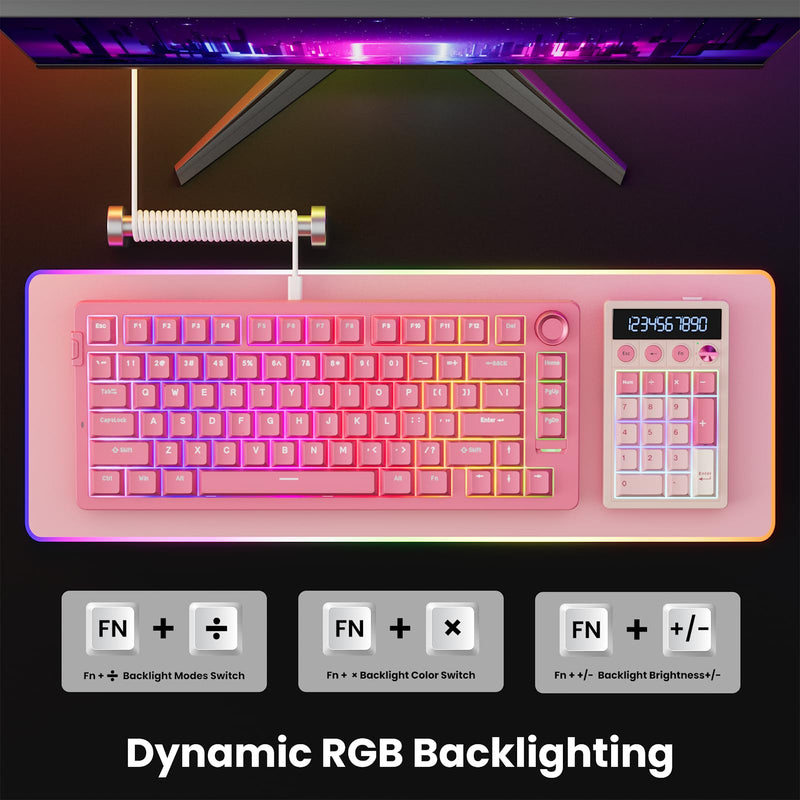 RK ROYAL KLUDGE M20 Wireless Number Pad, Mechanical Numpad with LCD Display, PC Numpad & Calculator Modes, Programmable Numeric Keypad, Bluetooth/2.4G/Wired, RGB Hot-Swappable for Win/Mac Pink Linear Creamy Switch