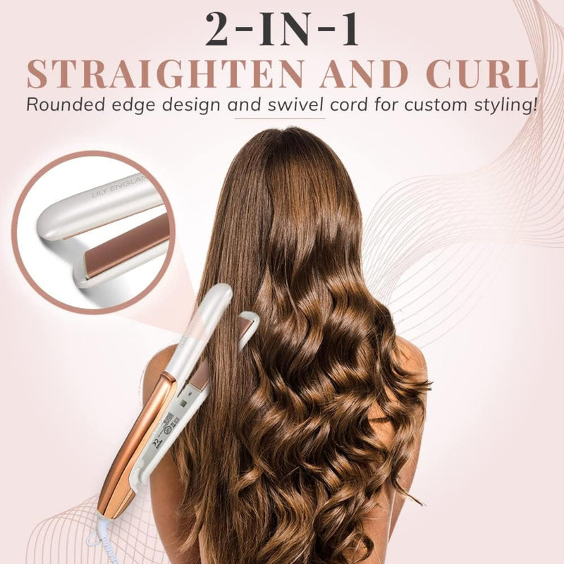 Lily England Hair Straighteners for Women, 2-in-1 Flat Iron & Curler Rose Gold