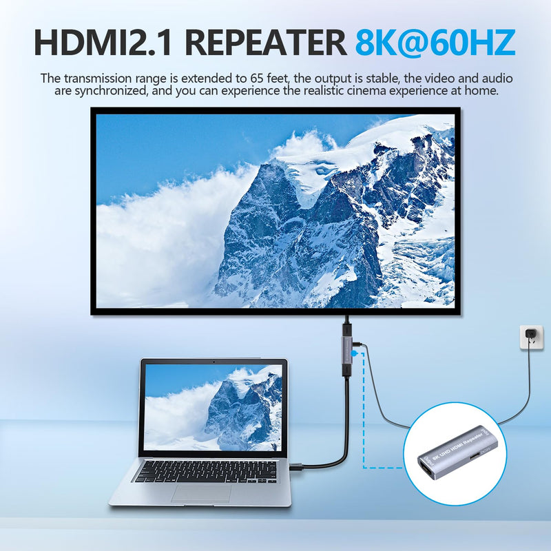 HDMI Amplifier Repeater, HDMI Signal Booster 82ft Support 8K/4K/1080P, Audio Formats DTS-HD/Dolby TureHD/DTS/Dolby-AC3/DSD, Video Format 8, 10 and 12-bit Dark Color Gray HDMI 2.1