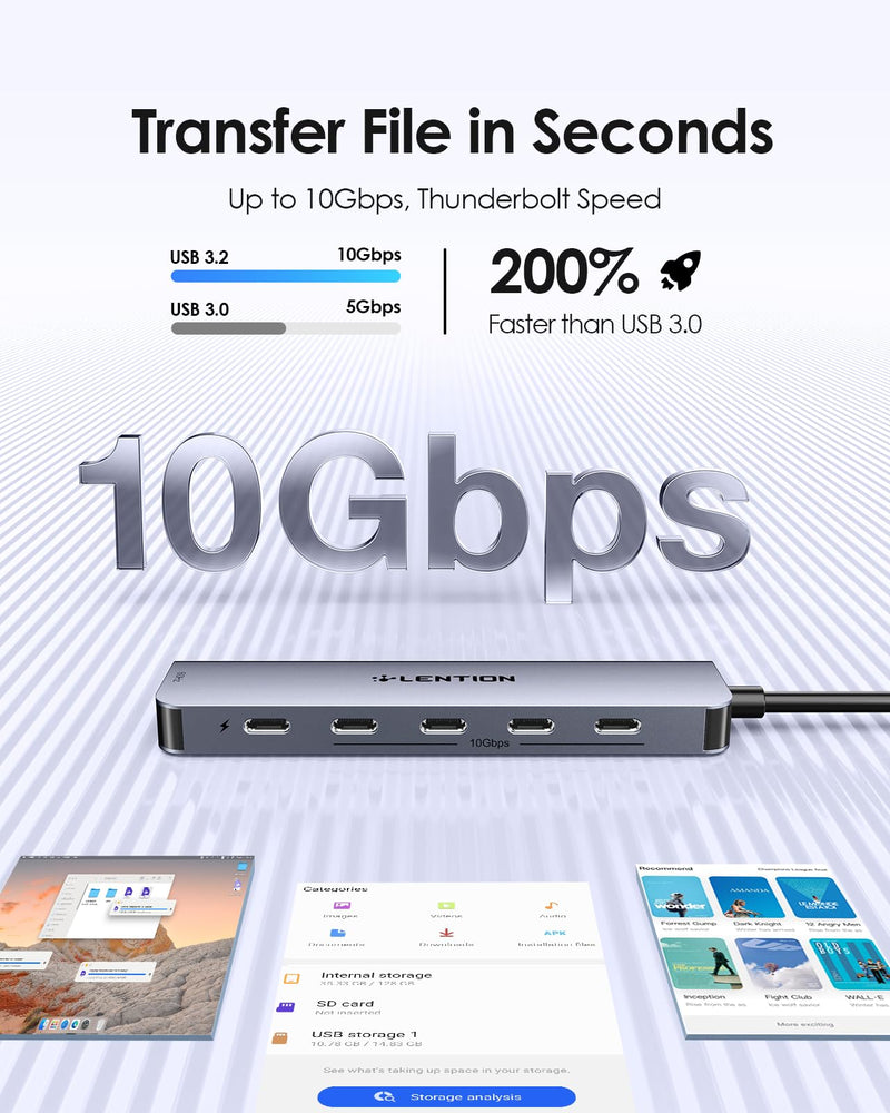 LENTION 6-in-1 USB C Hub Dock with 4K @60HZ HDMI Display, 4 USB-C Ports (USB 3.2 Gen 2, 10 Gbps), PD 100W Charging and for iPhone15 Series, New MacBook Pro, Mac Air, More (CE33, Space Gray) HDMI+4c+PD
