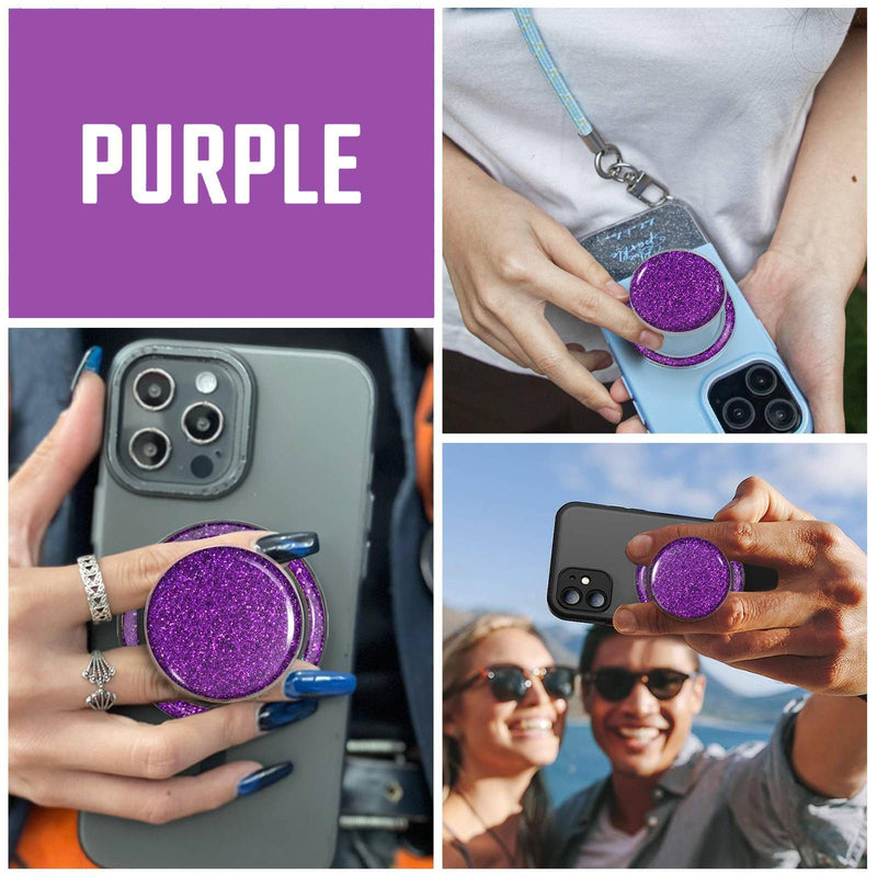 Magnetic Glitter Phone Holder Compatible with Phones, Foldable Phone Grip Stand for Magsafe Smartphones, Tablet,Phone Case - Transparent Purple Sparkly