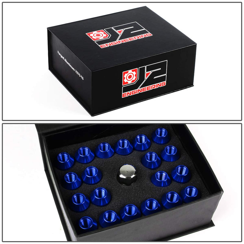 J2 Engineering 20 Pcs 7075 Aluminum Closed End M12 x 1.5 Lug Nuts Set w/Socket Adapter, Blue, Fit Conical Seat, LN-T7-006-15-BL