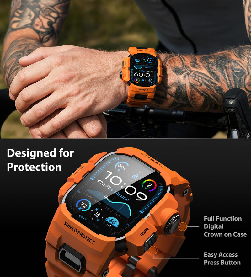 ULTIMAL Rugged Case with Band for Apple Watch 49mm,Compatible with Apple Watch Ultra 3/2/1, Military Grade Shockproof Bumper Cover for iWatch Tactical Band Men (49mm,Orange) Orange