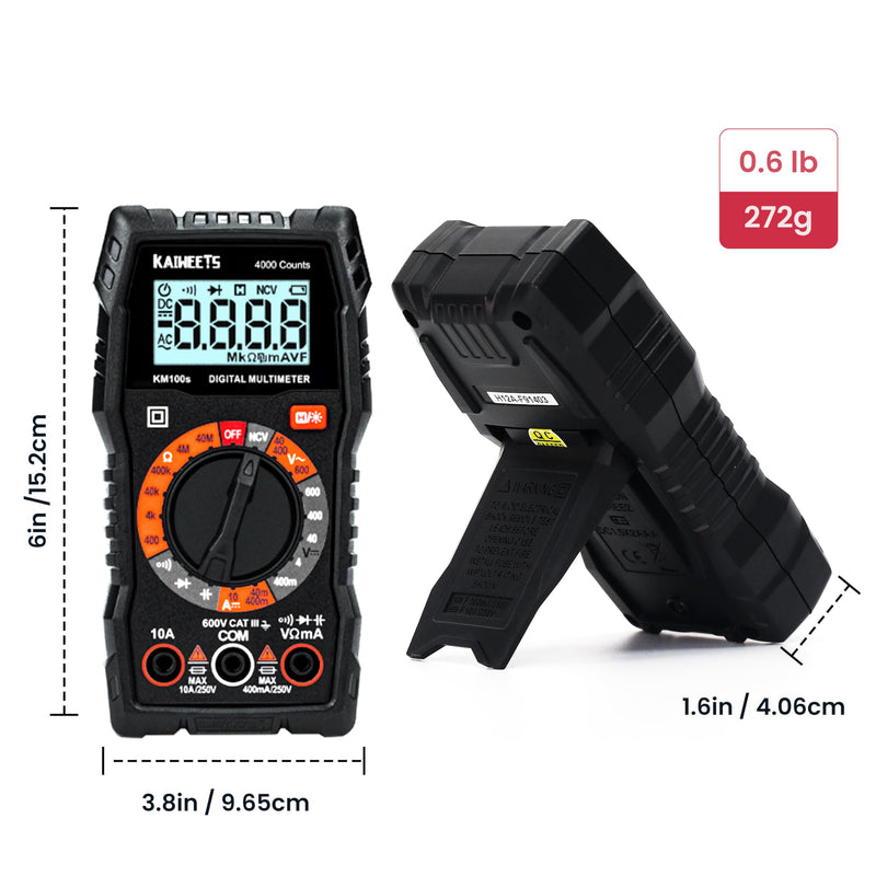 KAIWEETS Digital Multimeter 4000 Counts, Voltage Tester with Accurate Ohm Volt Amp Readings, DC/AC Voltmeter Clearly Measures Resistance Continuity Diode Capacitance NCV for Household and Automotive KM100S