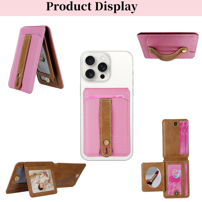 phone wallet stick on, PU Leather Wallet Stand, Mini Wallet | Holds 4 cards with photo window, grip strap, mini mirror and adjustable kickstand for phones cases, Pink
