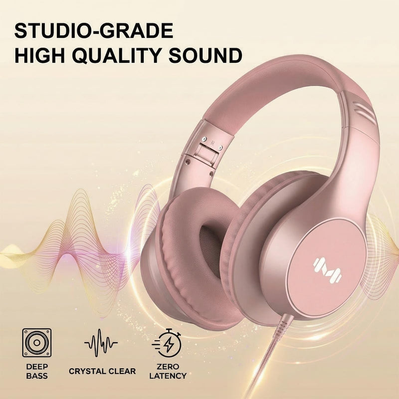 Wired Over-Ear Headphones, Mic, 3.5mm Jack, USB-C Adapter, Gold | Foldable over-ear headphones with soft cushions, inline mic, 3.5mm jack, and USB-C adapter for school, office, and travel.