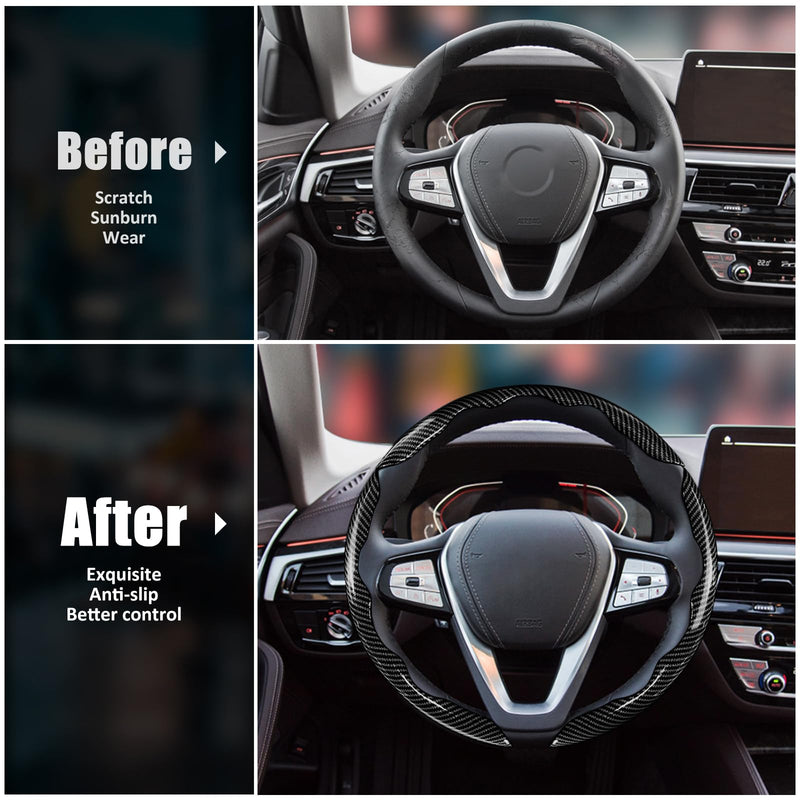 Carbon Fiber Steering Wheel Covers 3 Piece Clip on Steering Wheel Cover (Black) Black 14"-16"