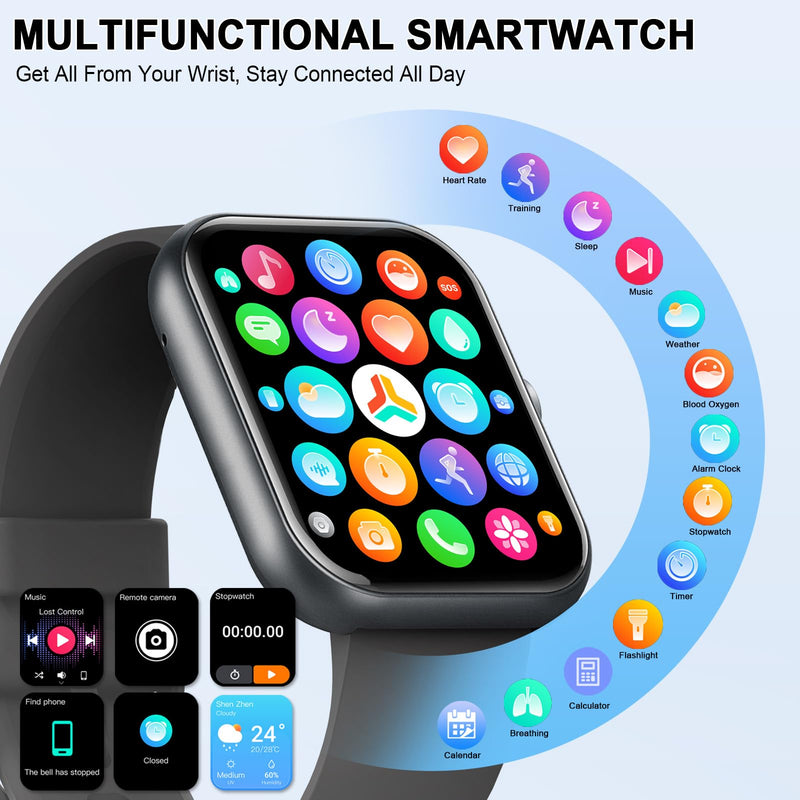 Jugeman Smart Watch for Men Women, 1.96" HD Smartatch(Answer/Make Calls), 113+ Sport Modes, Activity Fitness Tracker with Heart Rate/Sleep Monitor/Pedometer/Calories, IP68 Waterproof for Android iOS A-Black