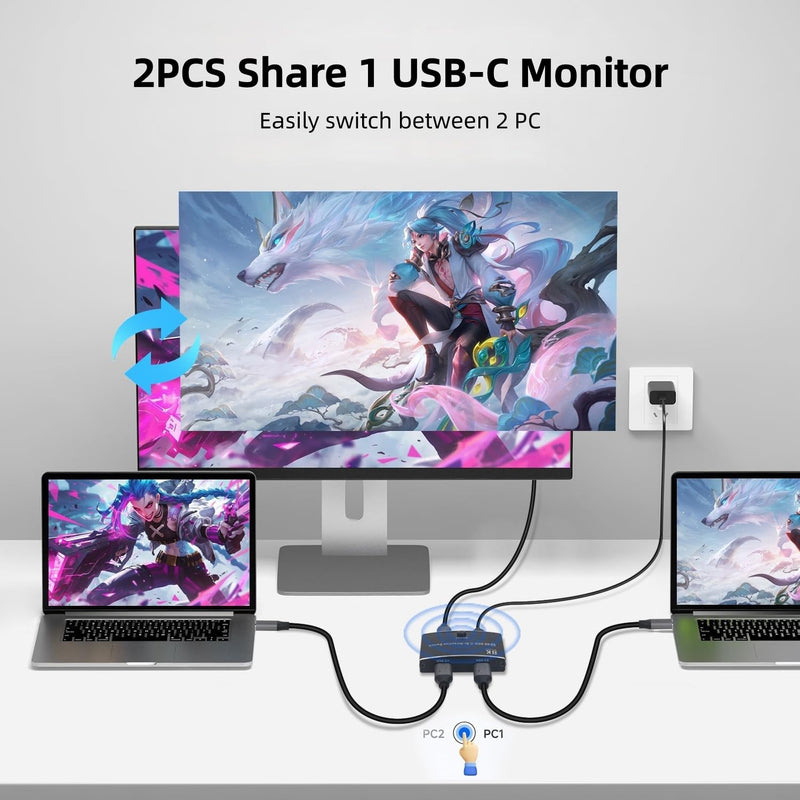 USB C Switch, Bi-Directional USB C Switcher 2 Computers, USB Type C KVM Switch 8K@60Hz 4K@120Hz Video/ 48Gbps Data Transfer, Compatible with Thunderbolt Device,2X USB-C Cables Included KVM-01