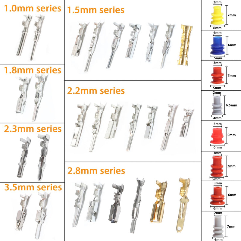 Connector Pins Kit Crimped Terminal Pin Automotive Car Electrical 1/1.5/1.8/2.2/2.3/2.5/2.8/3.5mm Male&Female Wire Seals Removal Tool kit Motorcycle ATV Wire Non-Insulated Plug Crimp Set 950pcs