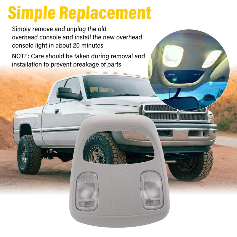 Overhead Console Roof Dome Light Interior Gray Map Reading Light Lamp Assembly, Compatible with 2002-2010 Dodge Ram 1500 2500 3500 4500 5500 Overhead Console Replace# 1DK78BD1AA 1DK78TL2AA Gray-Halogen Lamp Assembly
