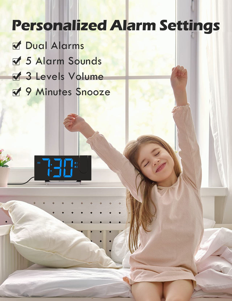 Projection Alarm Clock with FM Radio, USB Charging Port, 0-100% Dimmer, Dual Alarms, HD LED Display, 30 Preset Stations, Sleep Timer, 5 Alarm Sounds, Snooze, Curved Screen, Digital Clock for Bedroom Blue