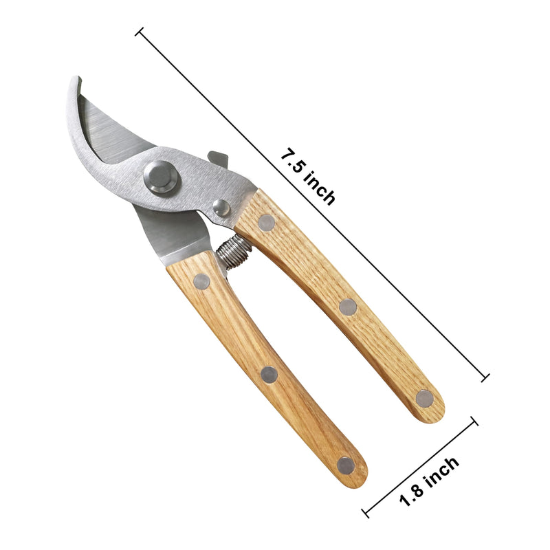 Pruning Shears for Gardening - 7.5" Hand Pruners with High Carbon Steel Blade, 5/8" Cutting Capacity, Ergonomic Wood-Inlaid Steel Handles, Safety Lock & a Spring Included - Garden Clippers