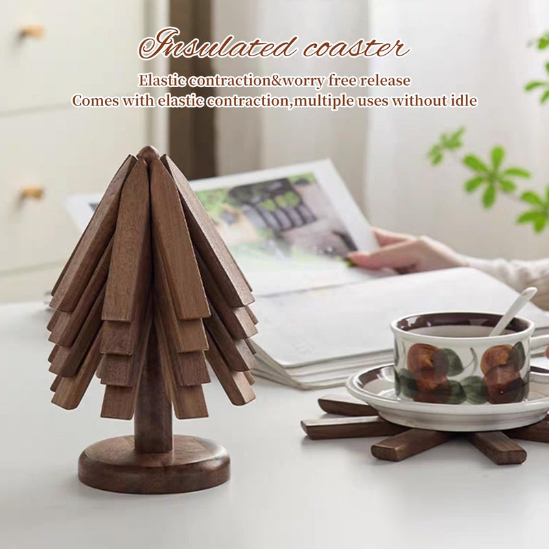 Trivets for Hot Dishes, 4 Artful Foldable Wooden Hot Pads for the Kitchen, Store as a Decorative Christmas Tree for Dishes, Pans, and Teapots | Creative Kitchen Gift Made of Walnut Wood A Walnut 4 pcs