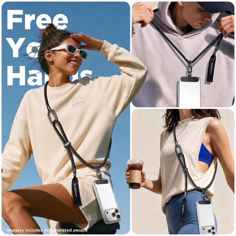 SURPHY Phone Lanyard Crossbody, Phone Strap Crossbody with 2 Tether Tabs | Easy Adjustable Cell Phone Lanyard, 7 mm Phone Strap, Premium Metal Buckles, Universal Lanyard for Women and Men Black