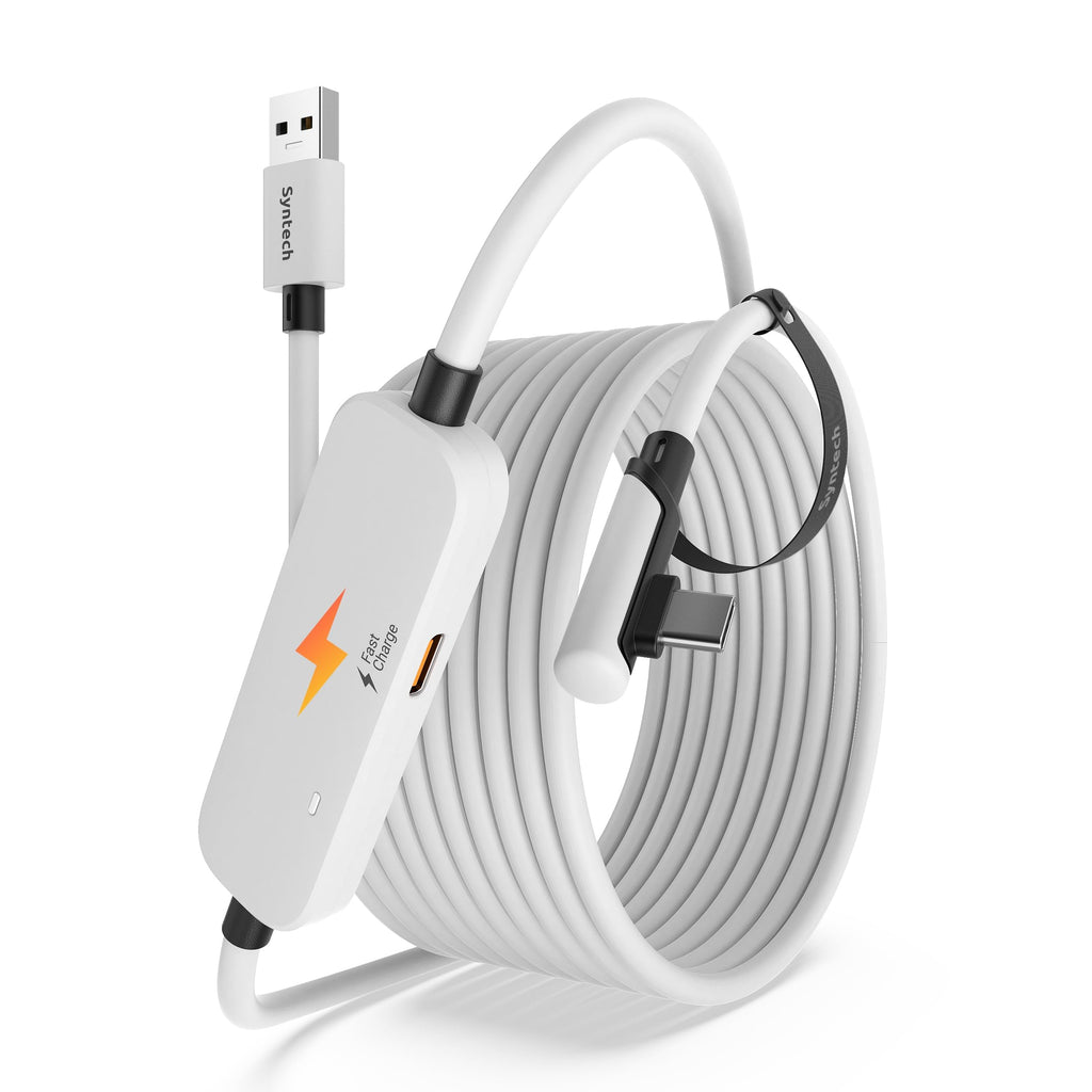 Syntech Link Cable 16FT with Charging, Compatible with Meta Quest 3/Oculus Quest 2 Accessories, VR Link Cable with Separate Charging Port, USB 3.0 to Type C Cord Light for PC/SteamVR White