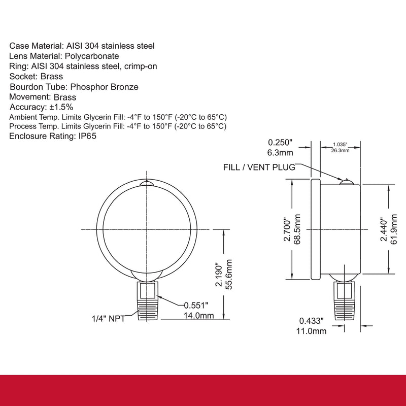 Winters 2-1/2" Dial Size, Liquid Filled Industrial Pressure Gauge, Brass Internals, 304 Stainless Steel Case, Single Scale 0-300 psi, 1.5% Acc, 1/4" NPT Bottom Mount, Glycerin Filled Pressure Gauge 0/300 PSI