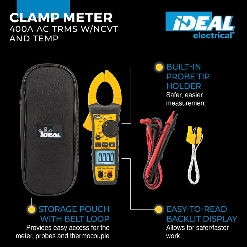 IDEAL INDUSTRIES INC. 61-737 Digital AC Clamp Multi Meter 400 Amp 600-Volt, Red Electrical Clamp Meter, CAT III 600V | 0–400A AC, 0–600V AC/DC, TRMS, NCV, Diode Testing, Backlit Display, Probe Holder