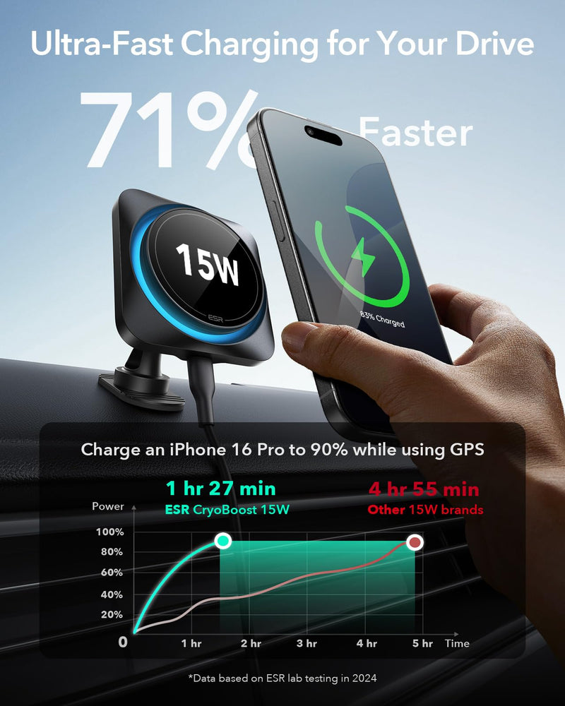 ESR for MagSafe Car Mount Charger 15W with CryoBoost for iPhone 17-12 | Phone Cooling Magnetic Wireless Car Charger, Air Vent & Dashboard Mount, Fast Charger for, S26/S25, Pixel 10
