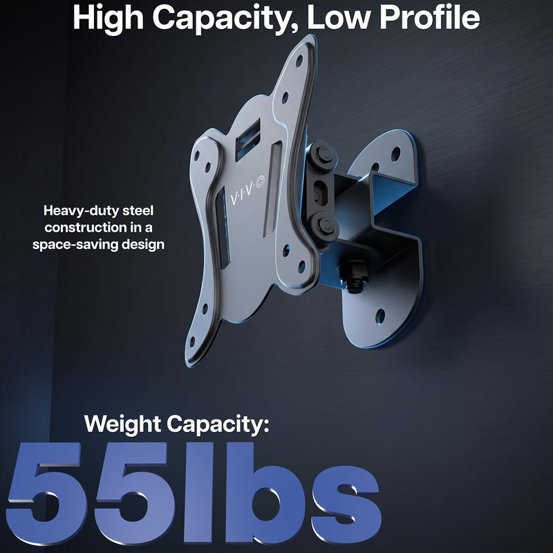 VIVO Compact TV Wall Mount for 13 to 32 inch Screens up to 55 lbs, Tilt and Swivel, Single Stud, Low Profile 3 inches from Wall, VESA 75x75 and 100x100, Black, MOUNT-TS132K