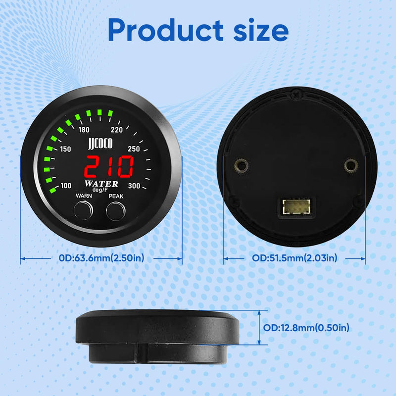 Universal 52mm Water Temperature Gauge with Alarm and 1/8 Npt Sensor Car Digital Meter Red Display Green Ambient Light Temp 100-300F(-17~187C) Green Water Temperature Gauge