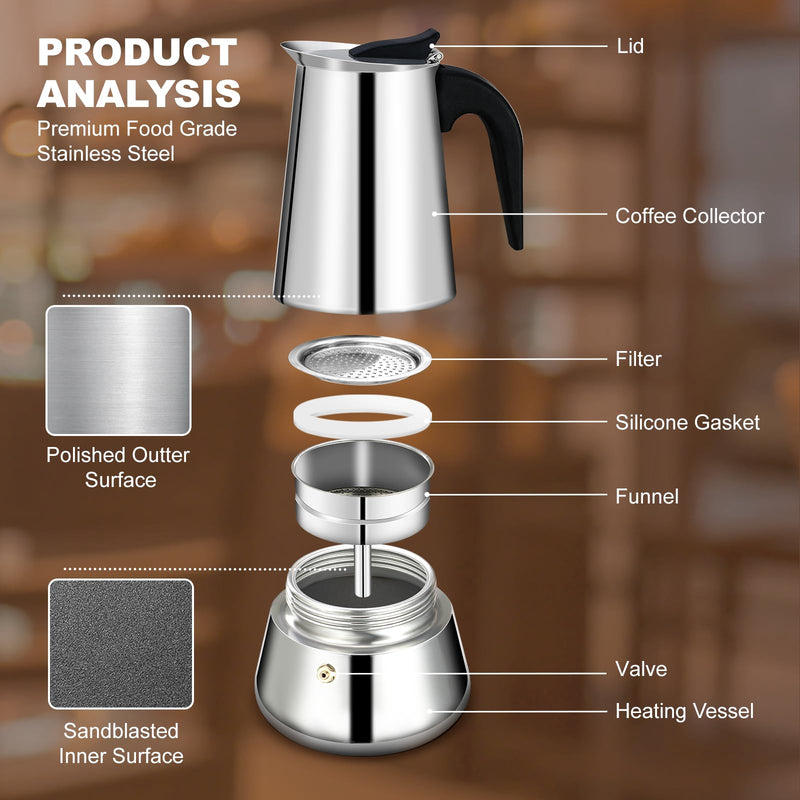 6 Cup Stovetop Espresso Maker Stainless Steel Moka Pot Stove Top Percolator Italian Coffee Makers Capable Mocha Greca Machine Cafe Classic Induction Cookers for Home and Camping 300ml 10oz 6 Cup