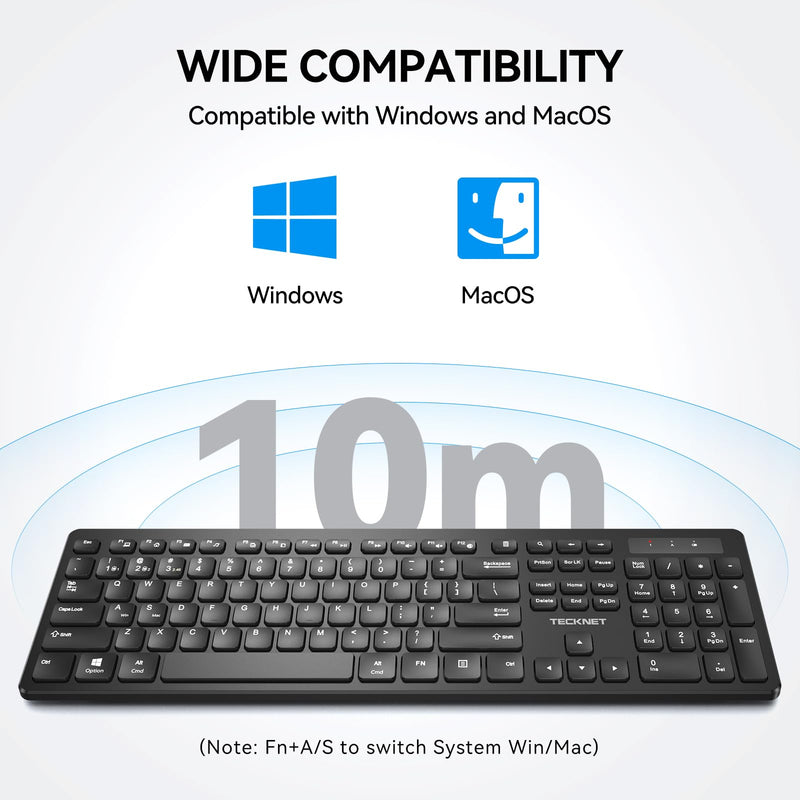 TECKNET Wireless Keyboards Full Size, Bluetooth+2.4G USB for Windows, Black | External Cordless Computer Keyboard with Number Pad, Multi Device for PC, Desktop, Laptop, Chromebook, AAA Battery Operated